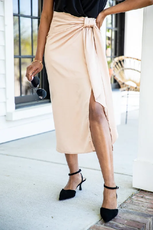 Outfits Ideas Let's Stay Forever Taupe Satin Knot Detail Midi Skirt FINAL SALE