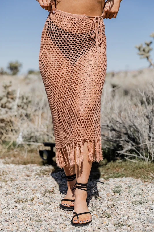 Outfits For Women Young Wild And Free Copper Crochet Midi Skirt With Fringe Hem FINAL SALE