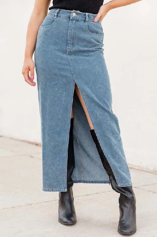 Clothing Store In Awe Light Wash Denim Midi Skirt FINAL SALE