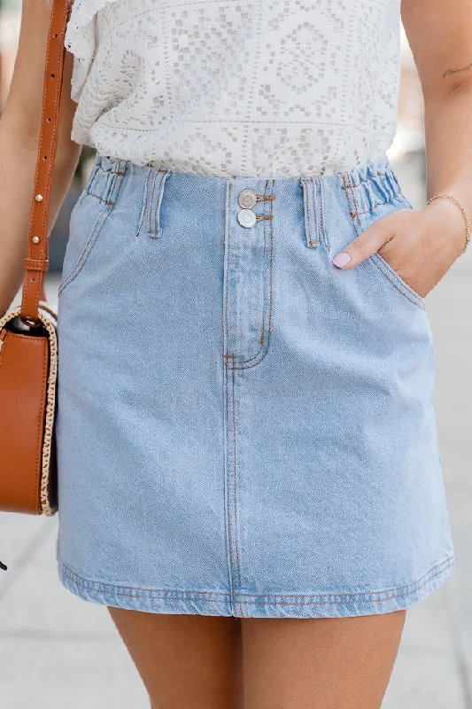 Clothing Sales I've Been Thinking Light Wash Denim Paper Bag Waist Mini Skirt