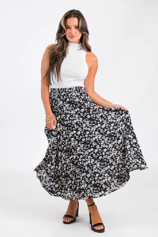 Clothing For Women Pleats and Thank You Black Floral Maxi Skirt FINAL SALE