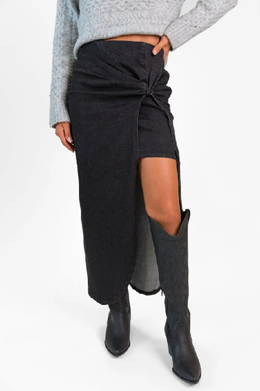 Trendy Boutiques Online Unexpected Turn Black Denim Twist Front Midi Skirt