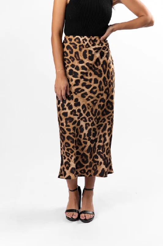 Affordable Online Boutiques Into The Night Satin Leopard Midi Skirt SALE