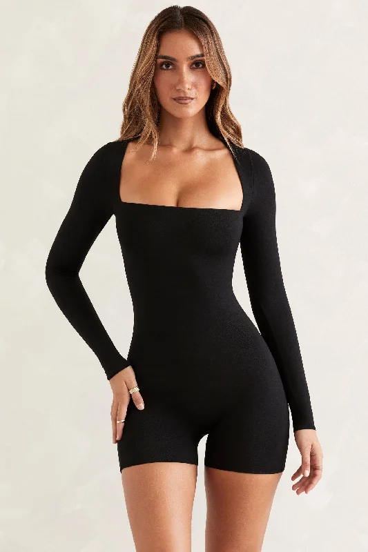 Women's Garments Long Sleeve Square Neck Unitard in Black