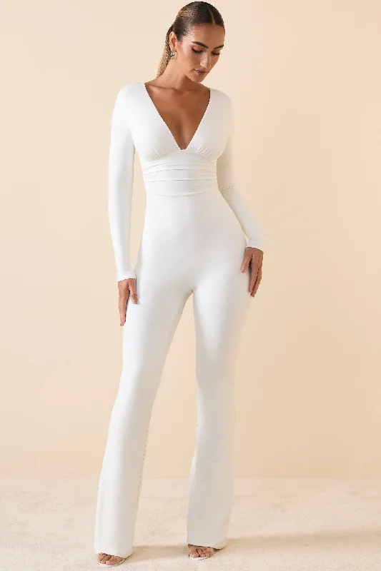 Versatile Women's Clothing for All Occasions Modal Ruched Plunge Flared Jumpsuit in White