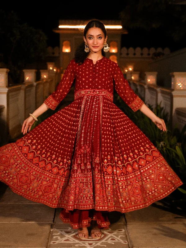 Early Bird Offer The Mahautsawam Maroon Ethnic Motif Printed Georgette Dress With Thread & Mirror Work Early Bird Offer The Mahautsawam Maroon Ethnic Motif Printed Georgette Dress With Thread & Mirror Work