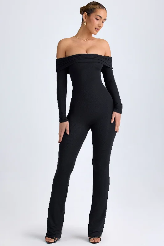 Women's High-End Clothing Tall Modal Off-Shoulder Ruched Jumpsuit in Black