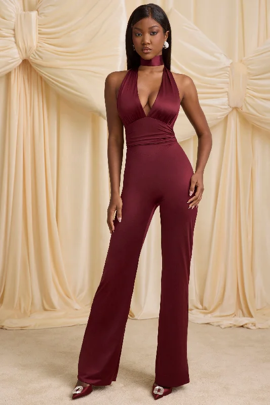 Women's Clothing Stores Petite Scarf-Detail Halterneck Jumpsuit in Wine Red