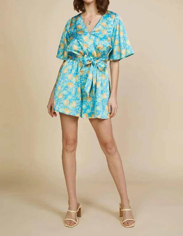 Affordable Women's Clothes Floral Print Surplice Romper In Vivid Blue