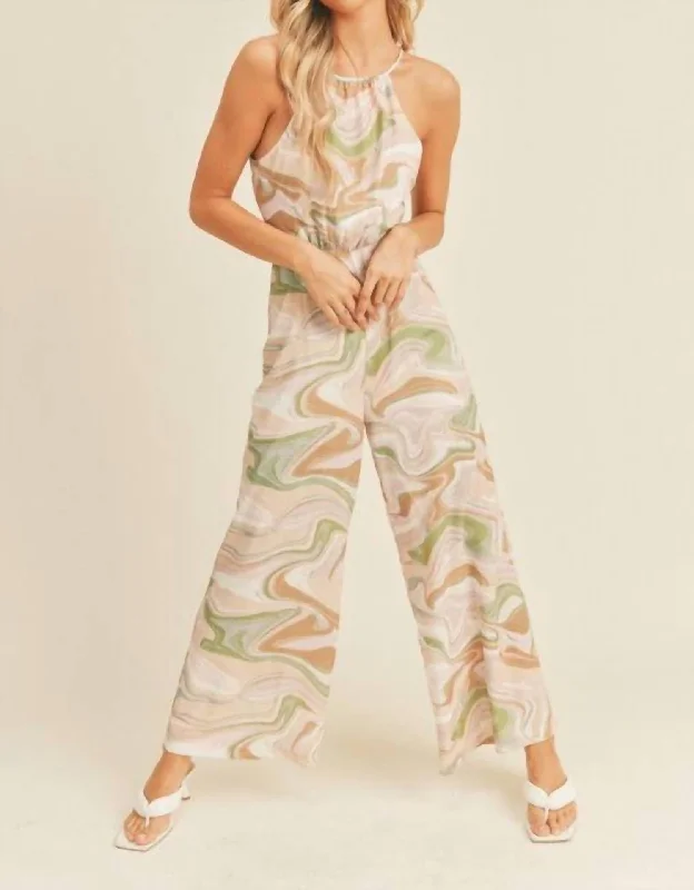 Women's Clothes For The Office Swirl Print Cut Out Jumpsuit In Strawberry Swirl