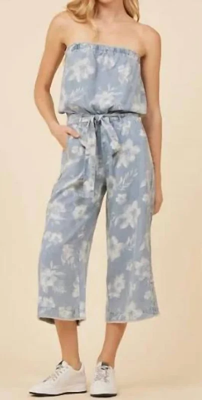 Vintage-Inspired Women's Clothes Tropical Print Washed Jumpsuit In Blue