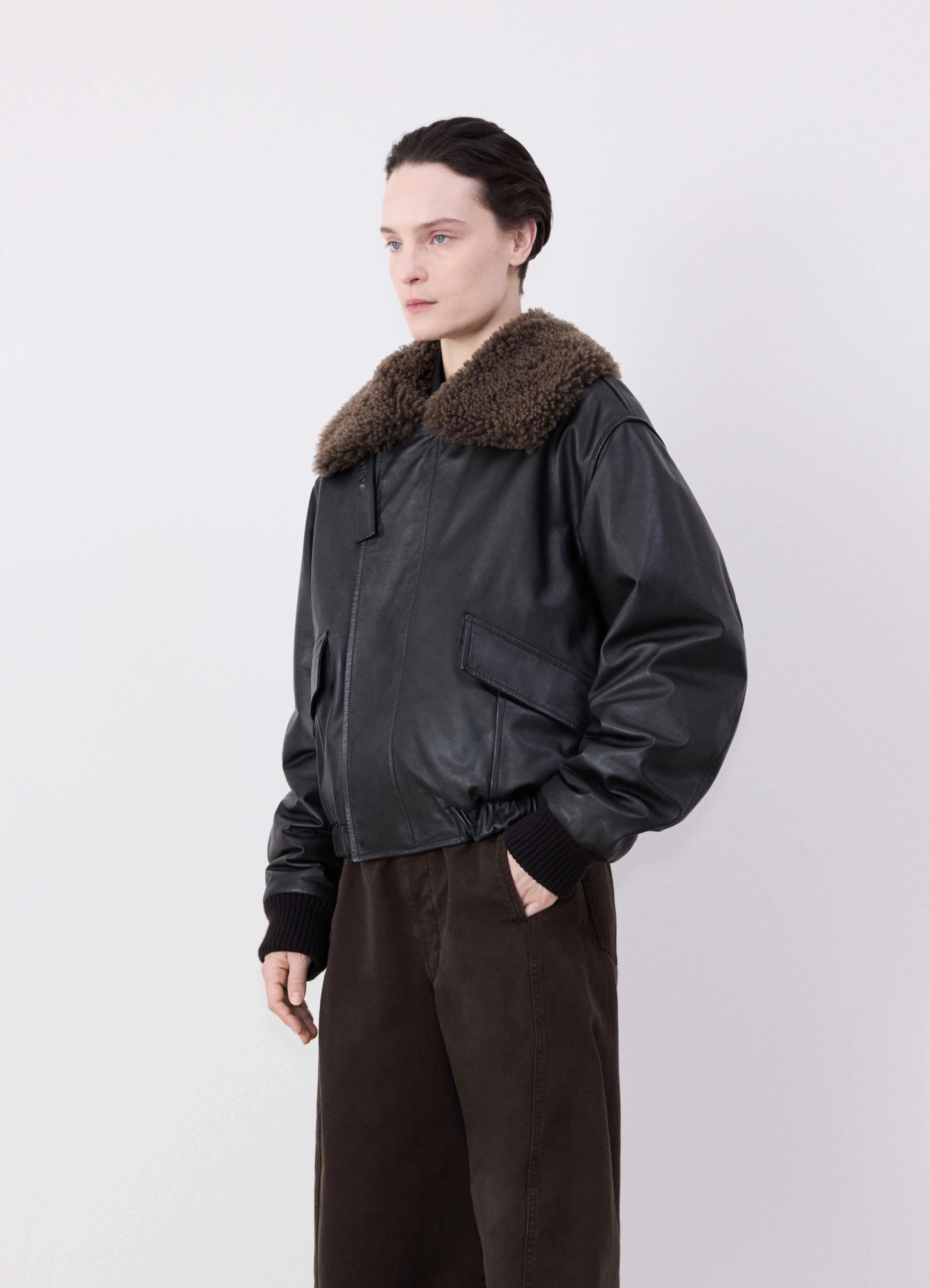 Women's Work Outfit For The Office LEATHER BLOUSON WITH SHEARLING COLLAR