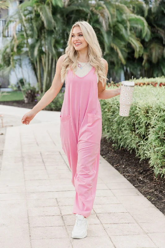 Comfortable Lounge Clothing Day In The Life Bubblegum Pink Jumpsuit