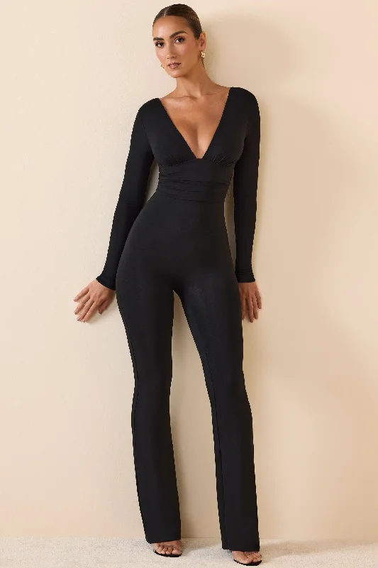 Stylish Women's Attire Modal Ruched Plunge Flared Jumpsuit in Black