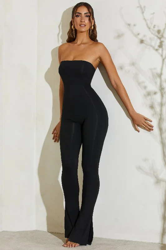 Women's Work Outfit For The Office Strapless Flared Hem Jumpsuit in Black