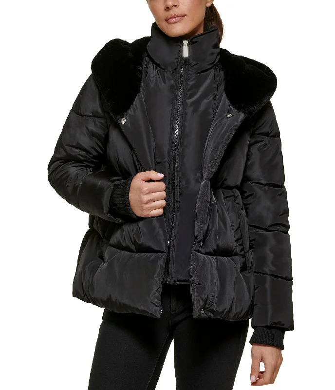 Affordable Women's Fashion Quilted Puffer with Bib and Faux Fur Lined Hood