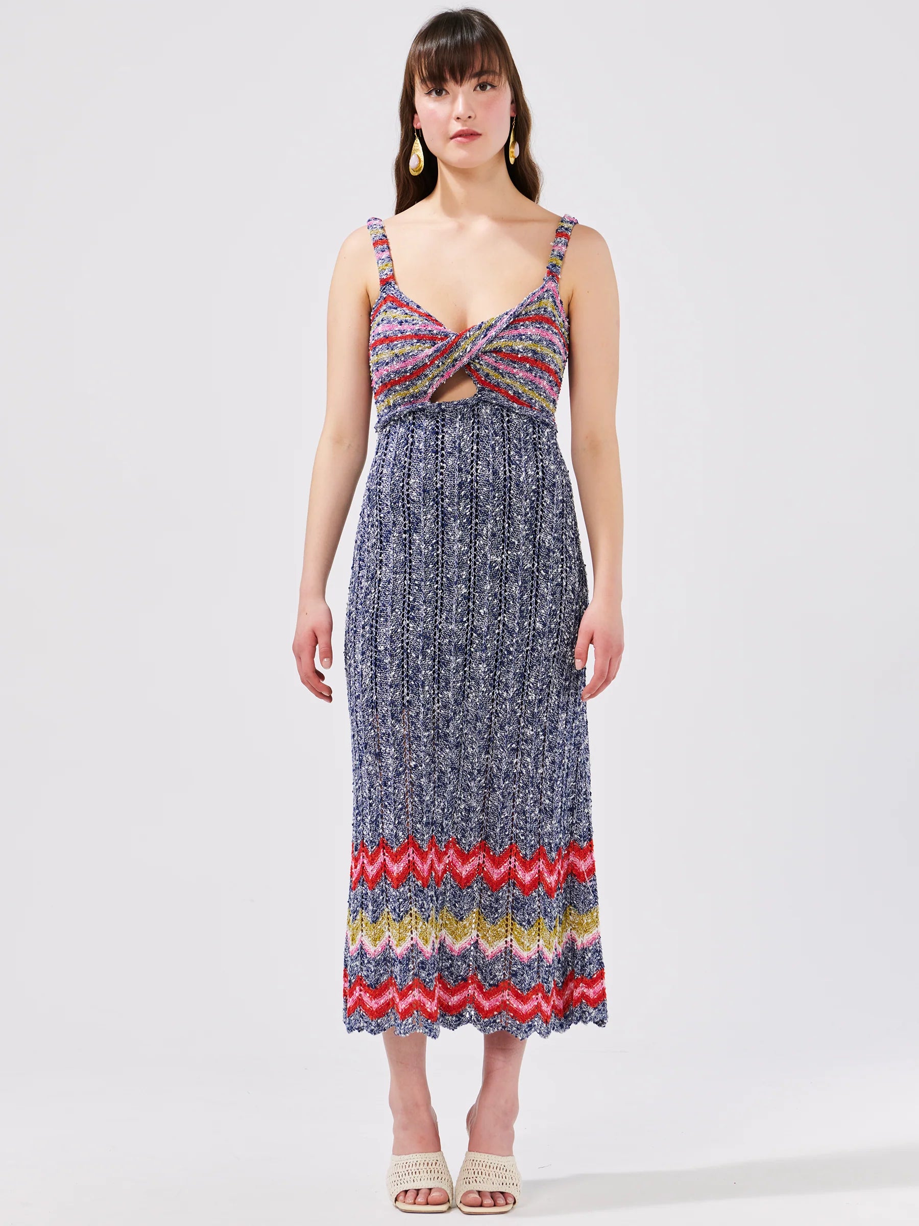 Trend Setting Wardrobe Boucle Twisted Bandeau Sundress - Zig Zag Navy