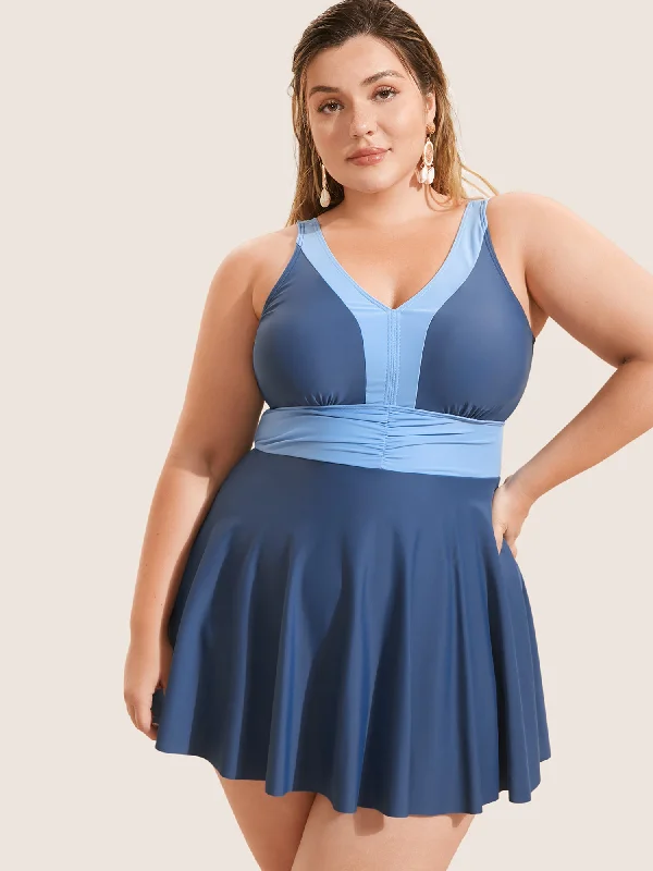 Comfortable Outfit For Women Two Tone Patchwork Gathered Swim Dress