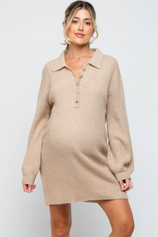 Chic Women's Outfit Beige Collared Button Front Maternity Sweater Dress