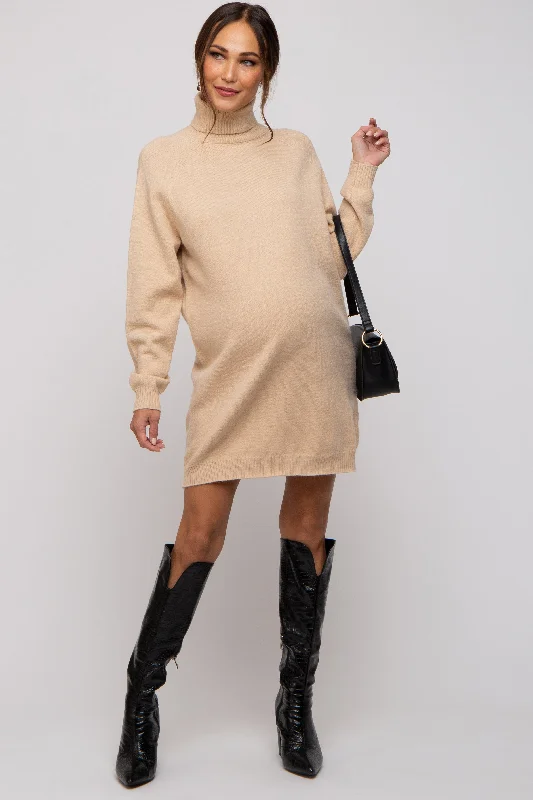 Sale On Clothing Beige Knit Long Sleeve Turtleneck Maternity Sweater Dress