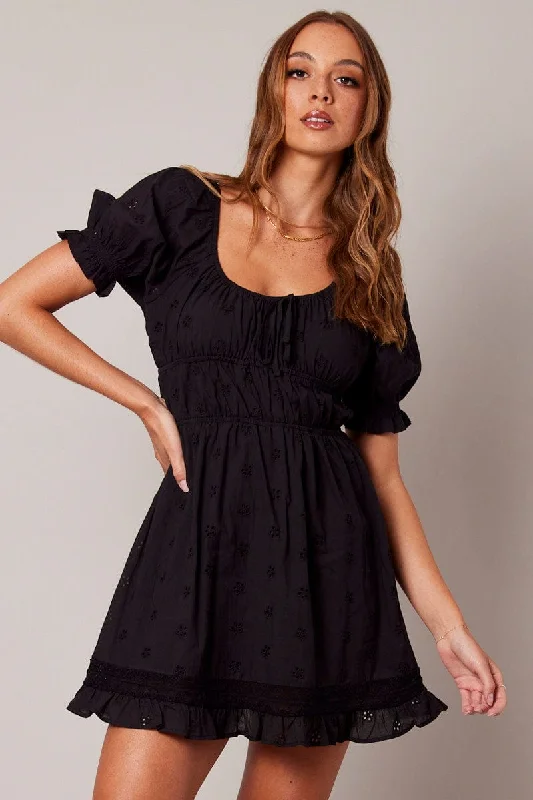 Women Wear Brands Black Fit And Flare Dress Puff Sleeve