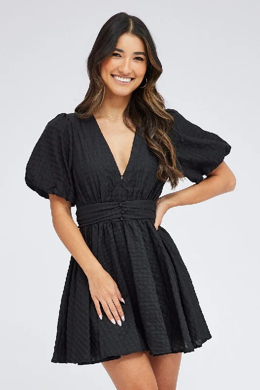 Women's Plus-Size Clothes Black Fit And Flare Dress Puff Sleeve Mini