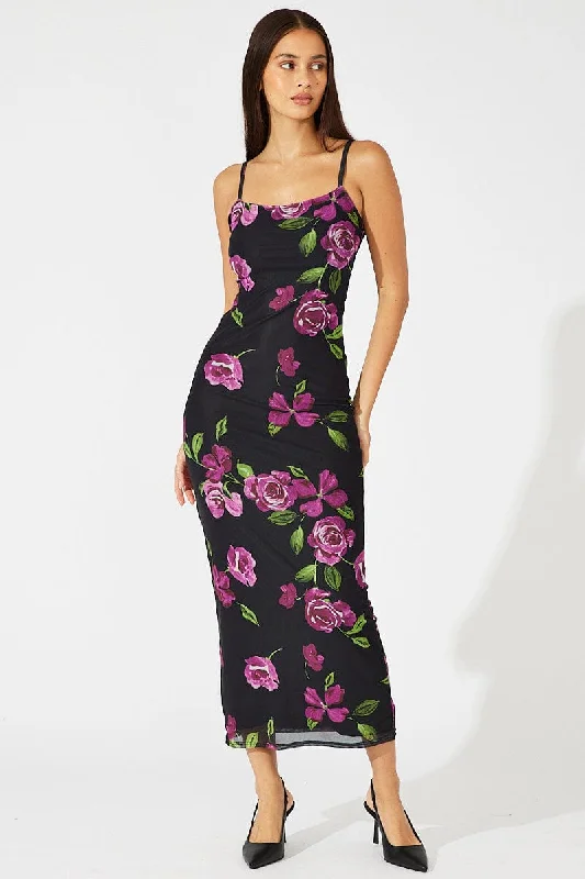 Seasonal Women's Fashion Trends Black Floral Bodycon Maxi Dress Mesh