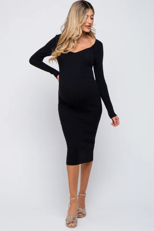 Women's Office Outfit Black Ribbed Long Sleeve Maternity Midi Dress