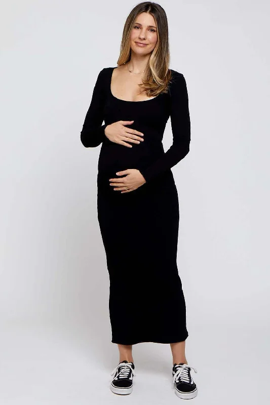 Women's Vintage Attire Black Ribbed Scoop Neck Maternity Midi Dress