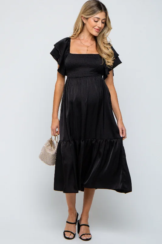 End Of Season Sale Clothing Black Satin Flutter Sleeve Maternity Midi Dress