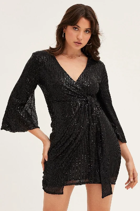 Women's Transitional Outfit Black Sequin Ruffle Wrap Party Mini Dress