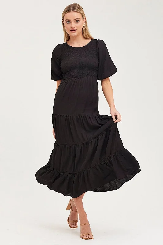 Comfortable Women's Apparel Black Shirred Dress Short Sleeve Maxi