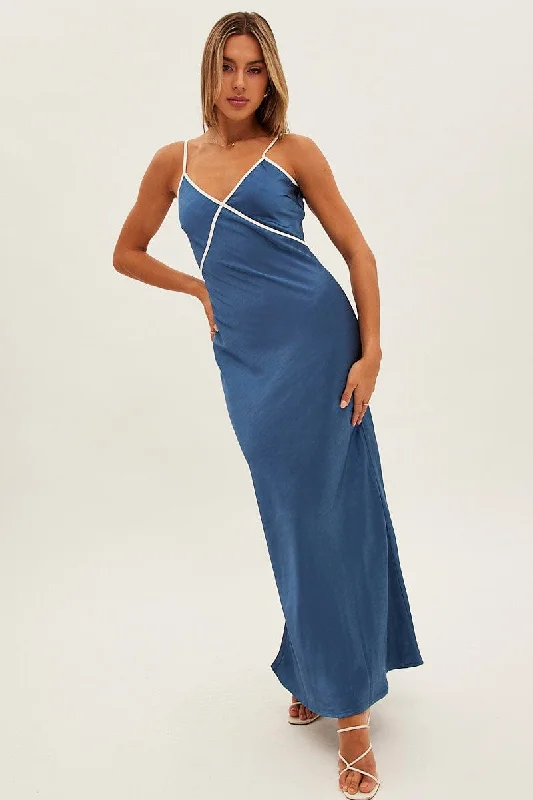 Stylish Outerwear Clothing For Women Blue Maxi Dress V Neck Contrast Binding Details Satin