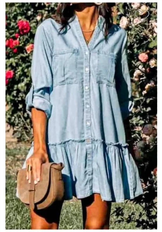 Women's Apparel Boho Chambray Rolled Sleeve Ruffle Denim Dress In Blue