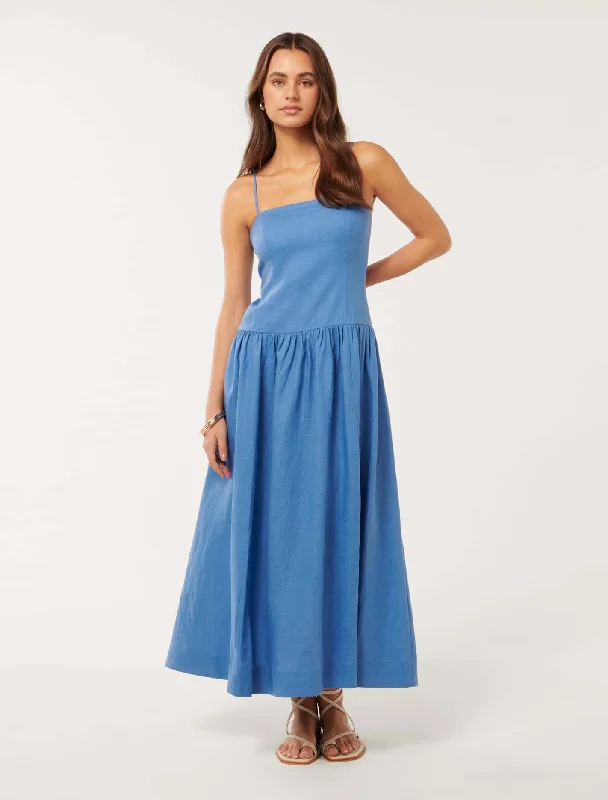 Women's Date Night Outfit Brooke Linen Drop Waist Midi Dress