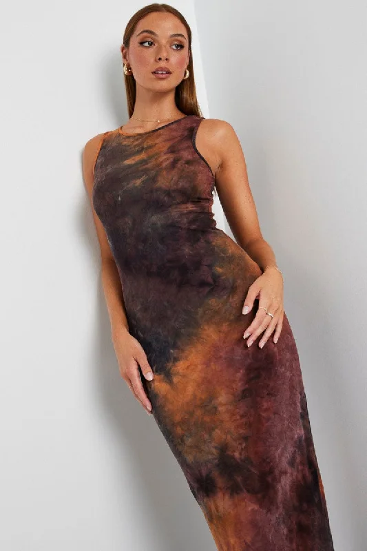 Plus-Size Women's Clothing Brown Abstract Maxi Dress Sleeveless Jersey