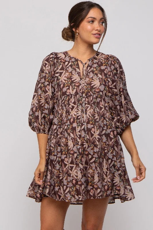 Women Wear Brands Brown Floral 3/4 Sleeve Maternity Dress