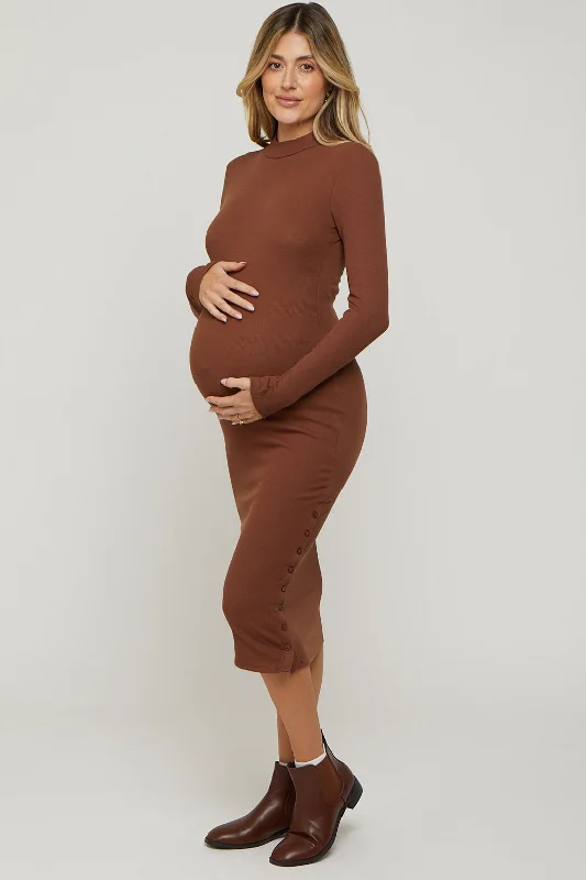 New Arrival Discounts Brown Ribbed Mock Neck Button Side Slit Maternity Midi Dress