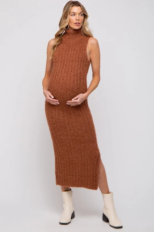 Fashionable Women's Outfit Camel Fuzzy Knit Sleeveless Turtle Neck Maternity Midi Dress