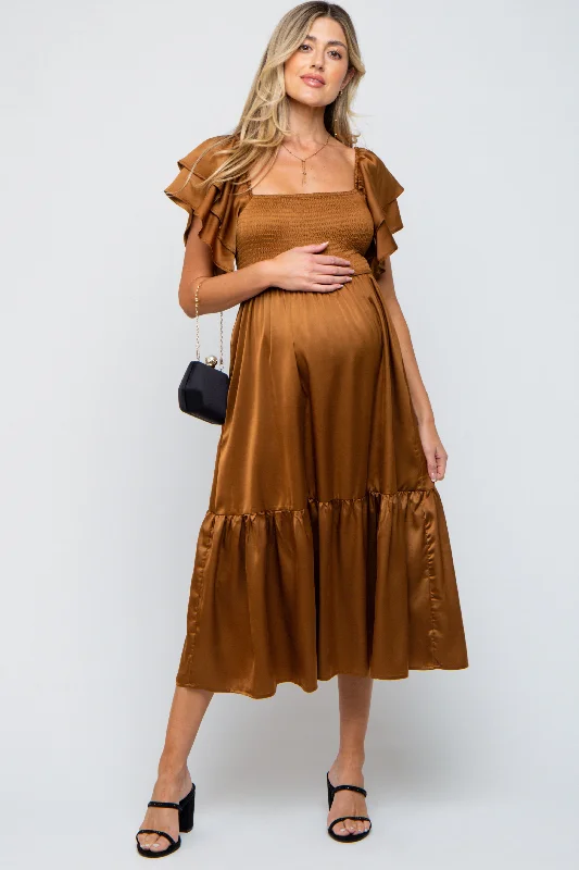 Women's Formal Wear Camel Satin Flutter Sleeve Maternity Midi Dress