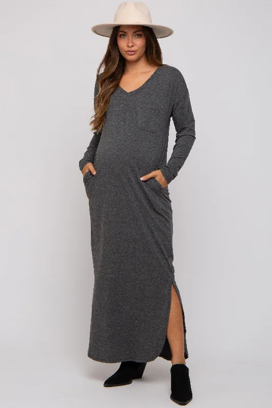 Women's Clothing For Travel Charcoal Heathered Pocketed Long Sleeve Maternity Maxi Dress