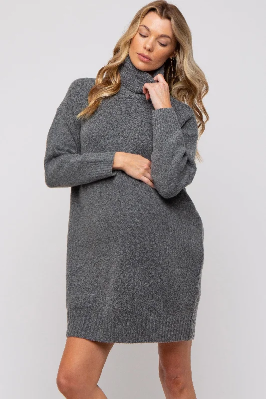 Women's Stylish Professional Garments Charcoal Turtleneck Maternity Sweater Mini Dress