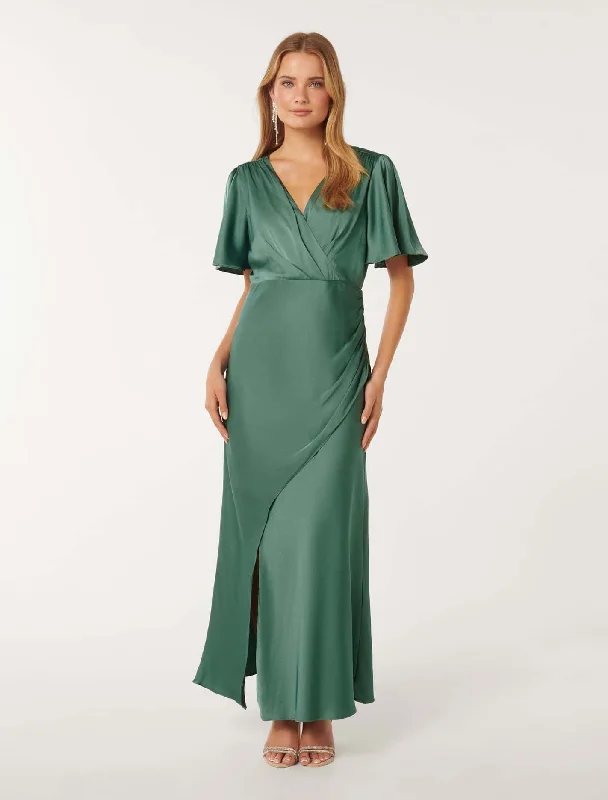 Women's Cozy Winter Attire Chelsea Flutter Sleeve Satin Maxi Dress