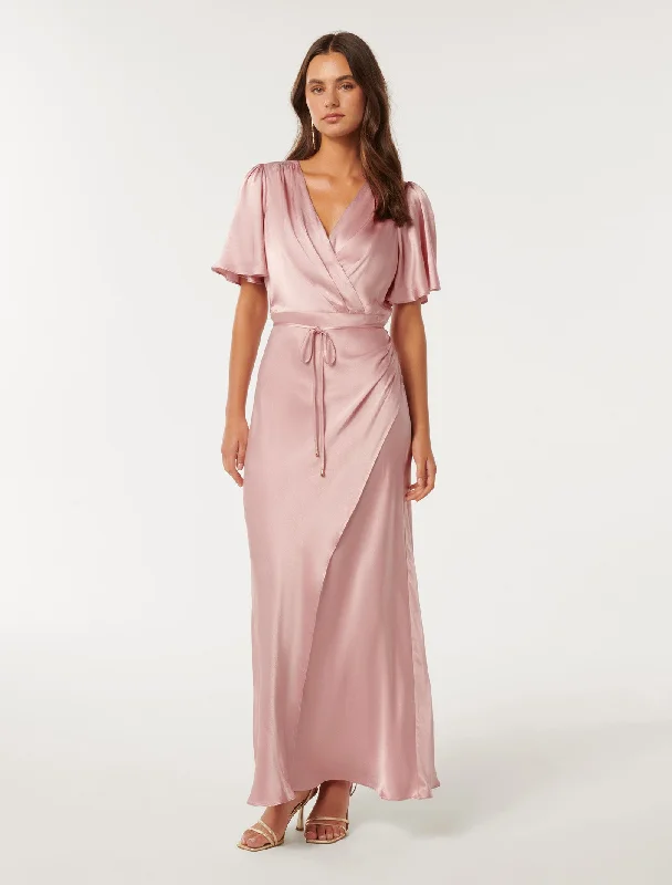 Trendy Women's Apparel Chelsea Flutter Sleeve Satin Maxi Dress