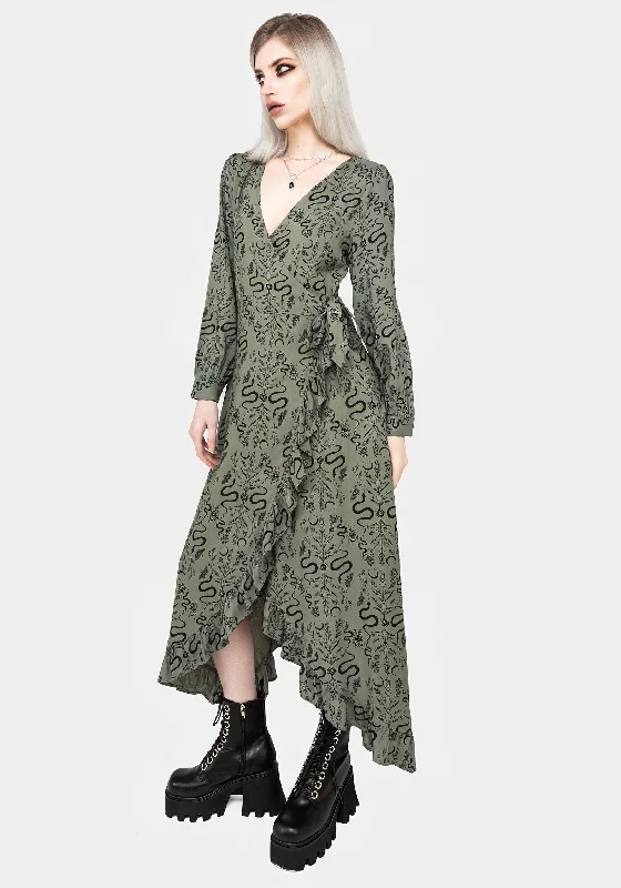 Women's Elegant Evening Attire Dominion Snake Print Midi Wrap Dress