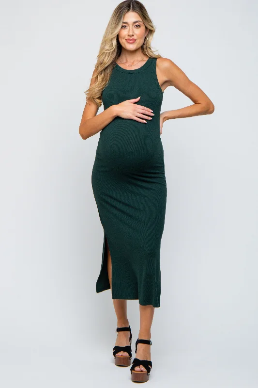 Women's Clothing for All Occasions Forest Green Ribbed Maternity Side Slit Tank Dress