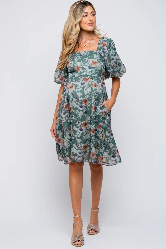 Women's Seasonal Attire Green Floral Puff Sleeve Maternity Dress