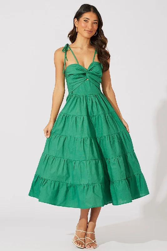 Women's Clothing Sale Green Midi Dress Sleeveless Tiered Twist Front