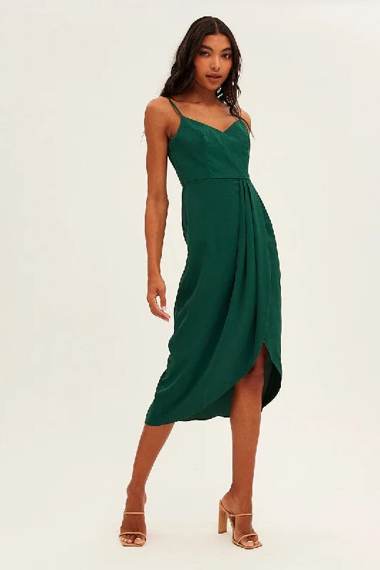 Women's Clothing Sale Online Green Midi Dress Sleeveless V Neck Wrap