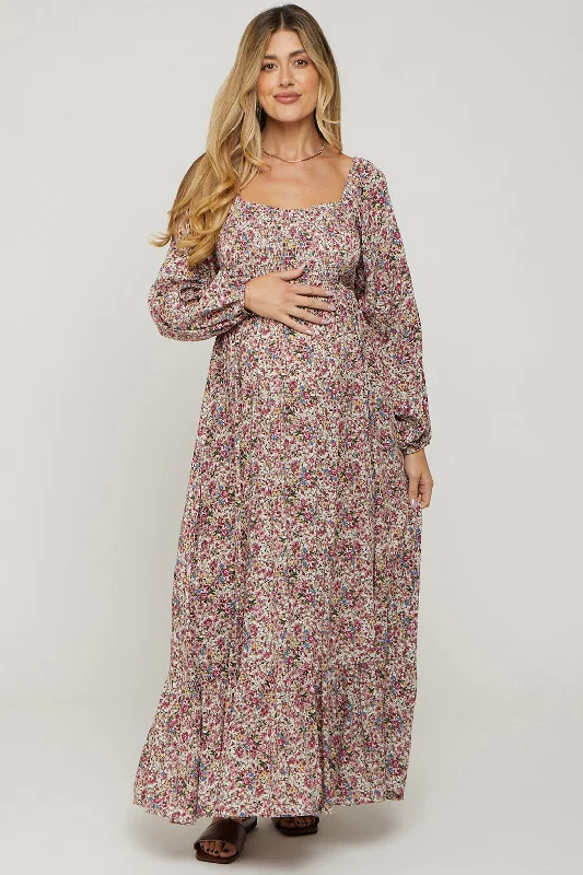 Charming Women's Holiday Apparel Mauve Floral Long Sleeve Maternity Maxi Dress